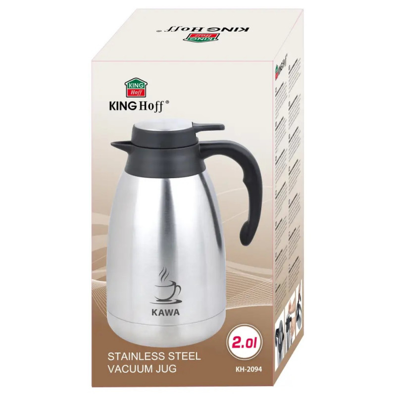 Конферентна термо кана за кафе Kinghoff KH 2094, 2 л, Двойни стени, Корпус от неръждаема стомана, Инокс/черен