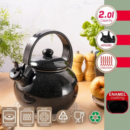 Свирещ чайник Kinghoff KH 2039, 2 л, Емайлирана вътрешност, Индукция, Черен