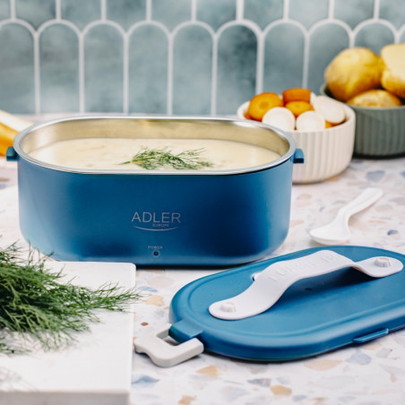 Електрическа кутия за обяд Adler AD 4522, 45W, 0.8 л, До 70C, Съд от неръждаема стомана, Термочанта, Син