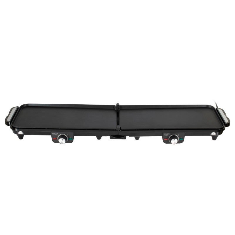 Двойна сгъваема електрическа скара Adler AD 6617, 3000W, Отваряне на 180°, 96х26 см, Незалепващи плочи, 2 термостата, Тавичка за мазнина, Черен