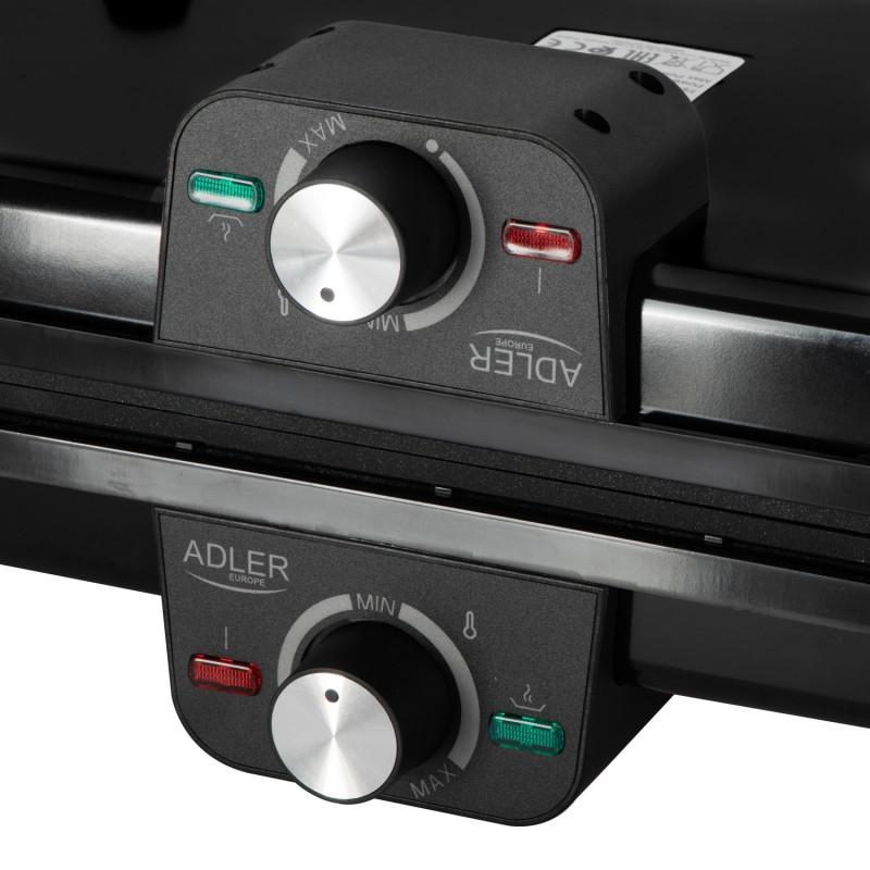 Двойна сгъваема електрическа скара Adler AD 6617, 3000W, Отваряне на 180°, 96х26 см, Незалепващи плочи, 2 термостата, Тавичка за мазнина, Черен