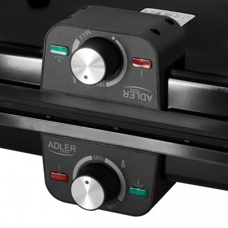 Двойна сгъваема електрическа скара Adler AD 6617, 3000W, Отваряне на 180°, 96х26 см, Незалепващи плочи, 2 термостата, Тавичка за мазнина, Черен