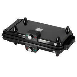 Двойна сгъваема електрическа скара Adler AD 6617, 3000W, Отваряне на 180°, 96х26 см, Незалепващи плочи, 2 термостата, Тавичка за мазнина, Черен