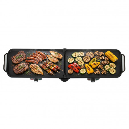 Двойна сгъваема електрическа скара Adler AD 6617, 3000W, Отваряне на 180°, 96х26 см, Незалепващи плочи, 2 термостата, Тавичка за мазнина, Черен