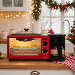 Комбиниран уред за закуска 3в1 NostroLux NL51441G, 1050W, 9 л, Грил, Приготвяне на кафе, Таймер, Циркулация на въздуха, Червен/черен