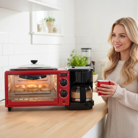Комбиниран уред за закуска 3в1 NostroLux NL51441G, 1050W, 9 л, Грил, Приготвяне на кафе, Таймер, Циркулация на въздуха, Червен/черен
