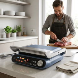 Контакт грил Nostro Lux NL51442P, 2200W, Сензорен дисплей, Незалепващи, подвижни плочи, Отваряне на 180°, Син