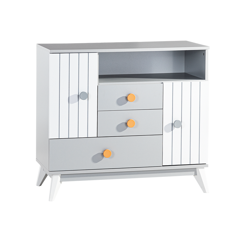 Детски скрин Carmen BIRD HOUSE 3575241, 2 рафта, 3 чекмеджета, 2 шкафа, Плавно затваряне, Бял/сив