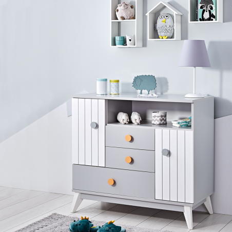 Детски скрин Carmen BIRD HOUSE 3575241, 2 рафта, 3 чекмеджета, 2 шкафа, Плавно затваряне, Бял/сив