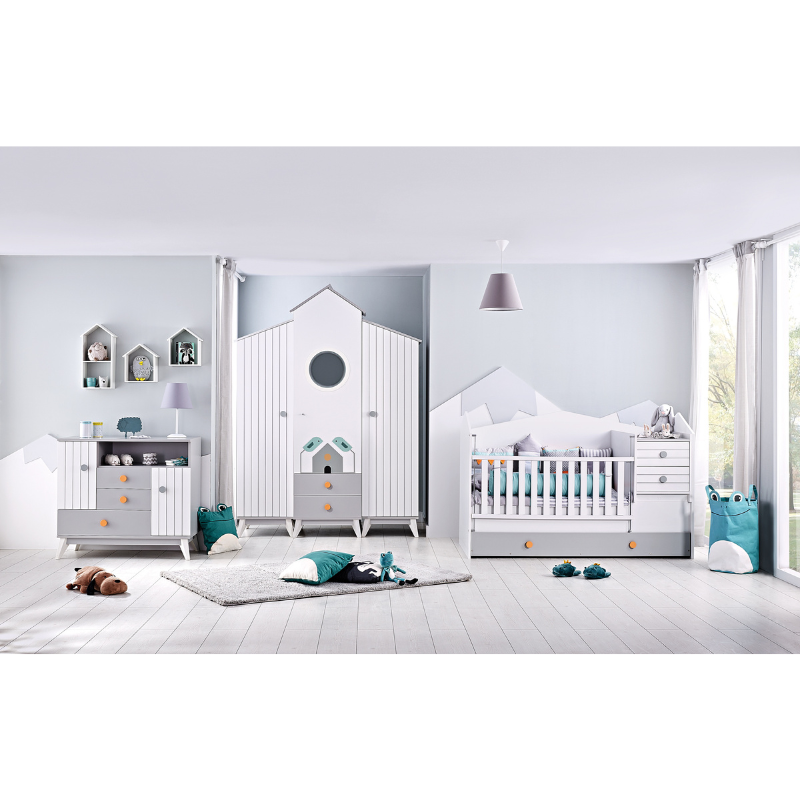 Детски скрин Carmen BIRD HOUSE 3575241, 2 рафта, 3 чекмеджета, 2 шкафа, Плавно затваряне, Бял/сив