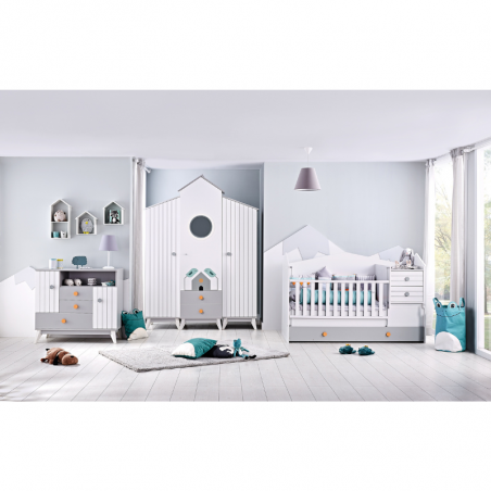 Детски скрин Carmen BIRD HOUSE 3575241, 2 рафта, 3 чекмеджета, 2 шкафа, Плавно затваряне, Бял/сив
