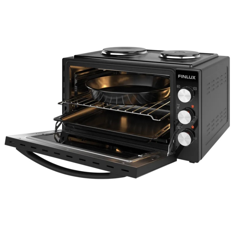 Малка готварска печка Finlux FMC-4545BS, 1600W, 45 л, 2 котлона, Двойно стъкло, Осветление, Емайлирана вътрешност, Черен