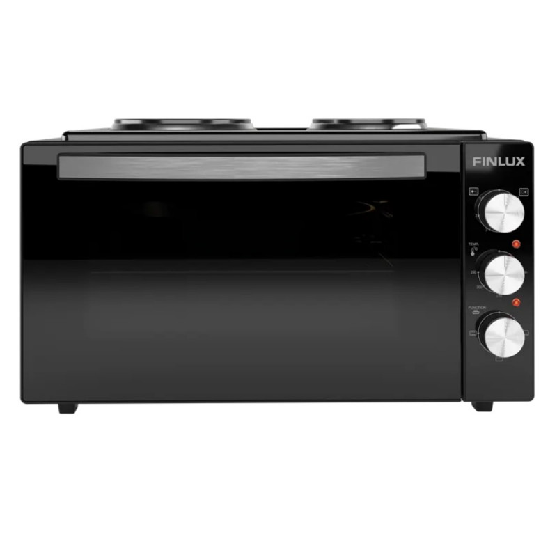 Малка готварска печка Finlux FMC-4545BS, 1600W, 45 л, 2 котлона, Двойно стъкло, Осветление, Емайлирана вътрешност, Черен