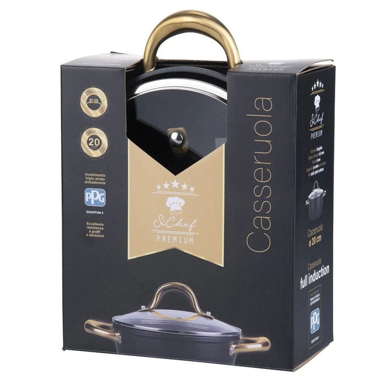 Тенджера Galileo Premium SChef 5916675, 20 см, 1.8 л, Подсилен ръб, Незалепващо покритие PPG, Без PFOA и никел, Индукция, Черен/златист