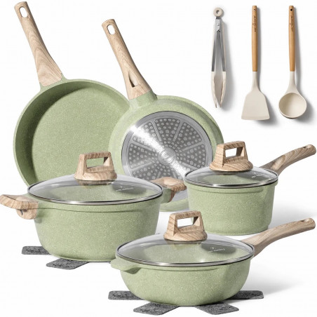 Комплект съдове за готвене Just Perfecto JL-33SET, 13 части, Алуминии, Мраморно покритие, Стъклени капаци с отвор за пара, Без PTFE и PFOA, Индукция, Зелен