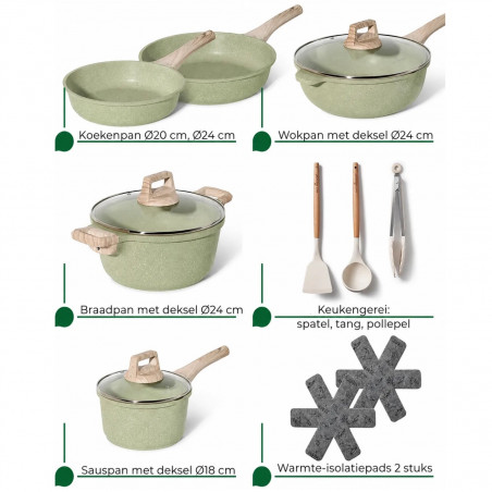 Комплект съдове за готвене Just Perfecto JL-33SET, 13 части, Алуминии, Мраморно покритие, Стъклени капаци с отвор за пара, Без PTFE и PFOA, Индукция, Зелен