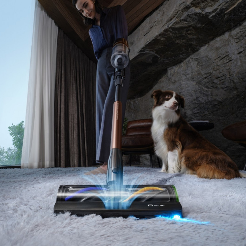 Преоценено: Вертикална прахосмукачка Dreame Essential V30 VVV17B, 880W, 30000 Pa, 90 мин, 0.6 л, HEPA H14, OmniX™ 2.0, Разпознаване на замърсявания, Сгъваема, Черен/бронз