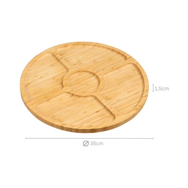Кръгъл поднос за сервиране Kesper 58447, 35 см, Бамбук, 5 отделения, Кафяв