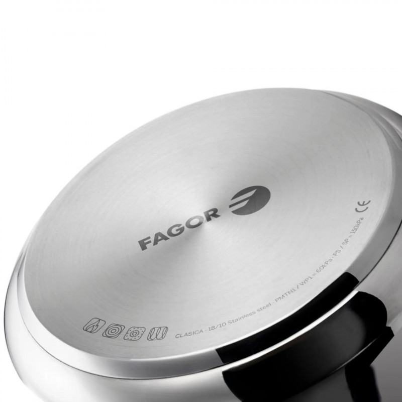 Тенджера под налягане Fagor Clasica 8L, 55 kPa, 24 см, Предпазен мост, 3 защити, Неръждаема стомана 18/10, Индукция, Сребрист