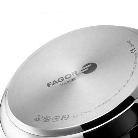Тенджера под налягане Fagor Dual Xpress 6L, 30-90 kPa, 22 см, 5 защити, 3-слойно дъно, Неръждаема стомана 18/10, Индукция, Сребрист