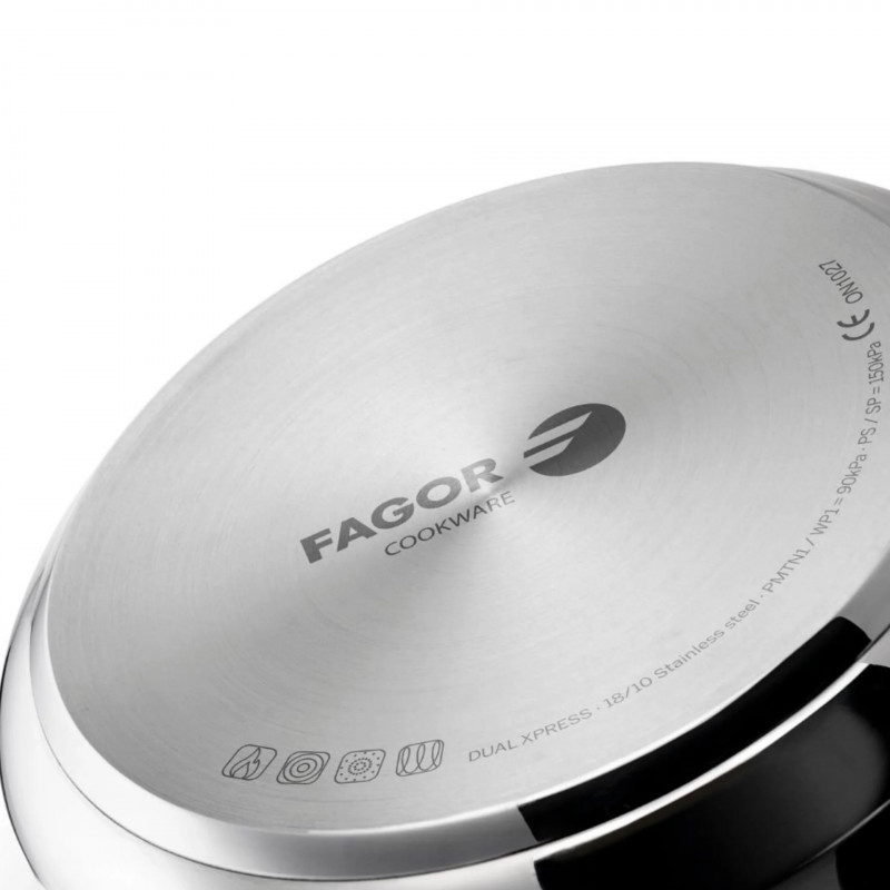 Тенджера под налягане Fagor Dual Xpress 8L, 30-90 kPa, 22 см, 5 защити, 3-слойно дъно, Неръждаема стомана 18/10, Индукция, Сребрист