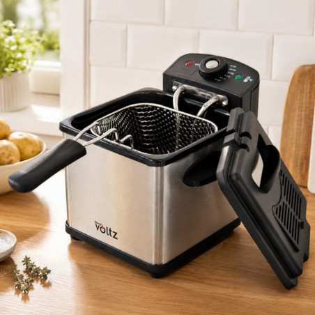 Мини фритюрник Oliver Voltz OV51980CG, 1000W, 1.2 л, 0-190°C, Неръждаема стомана, Светлинни индикатори, Инокс/черен