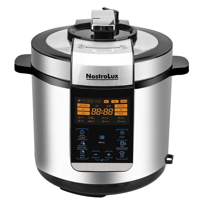 Мултикукър под налягане NostroLux NL51985H6, 1000W, 6 л, 70 kPa, Таймер 24 ч, 15 програми, Голям LED дисплей, Сензорно управление, Инокс