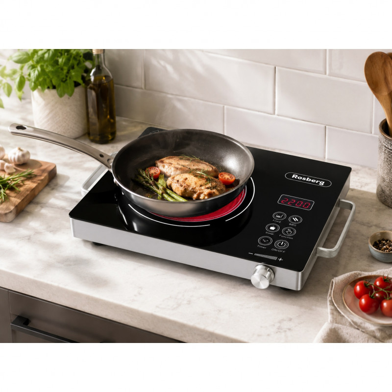 Единичен инфрачервен котлон Rosberg R51445P, 2200W, 28x36 см, 11 степени на температурата, LED дисплей, Черен