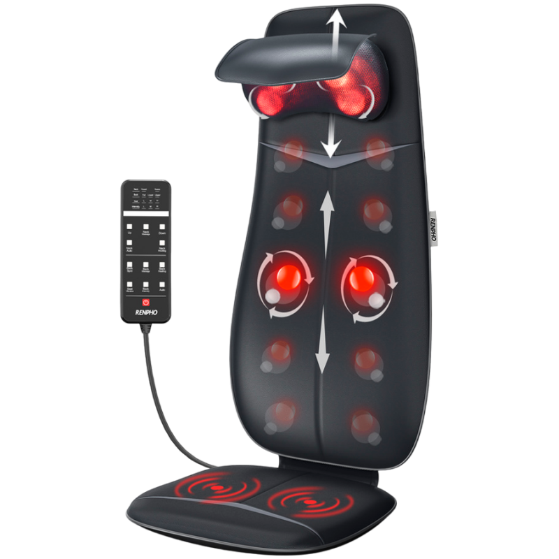 Шиацу масажна възглавница RENPHO Neck & Back Massage Cushion - S-, 48W, 4 зони, 3 степени, Загряване до 45°C, Регулируема, Дистанционно, Черен