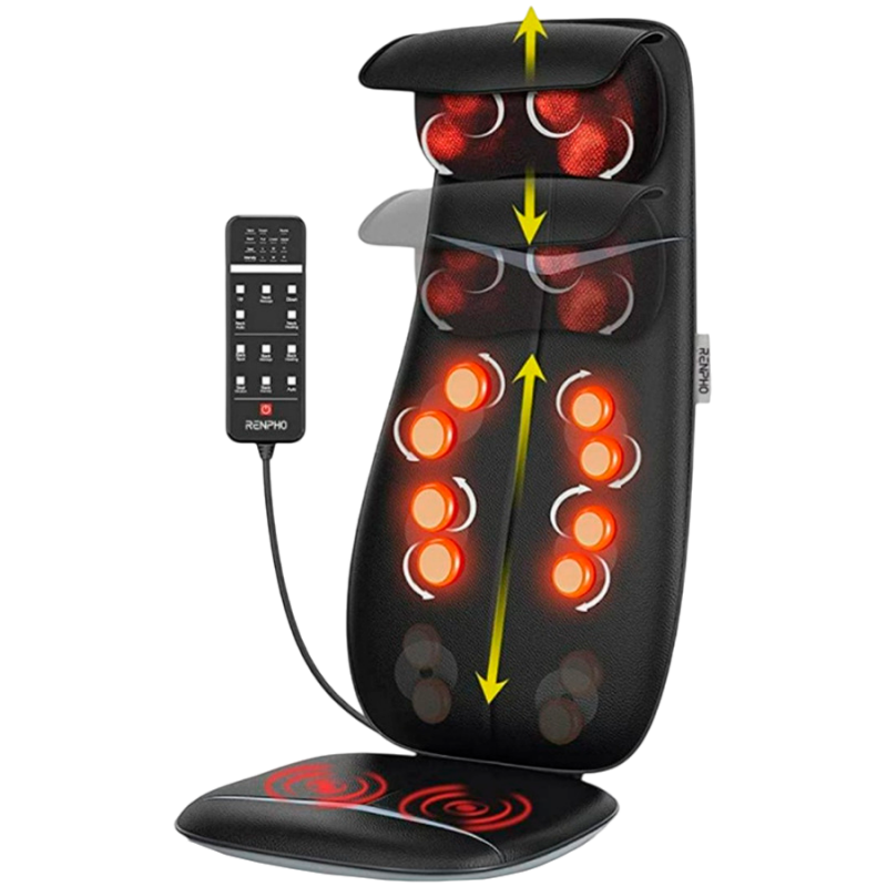 Шиацу масажна възглавница RENPHO Neck & Back Massage Cushion - S-, 48W, 4 зони, 3 степени, Загряване до 45°C, Регулируема, Дистанционно, Черен