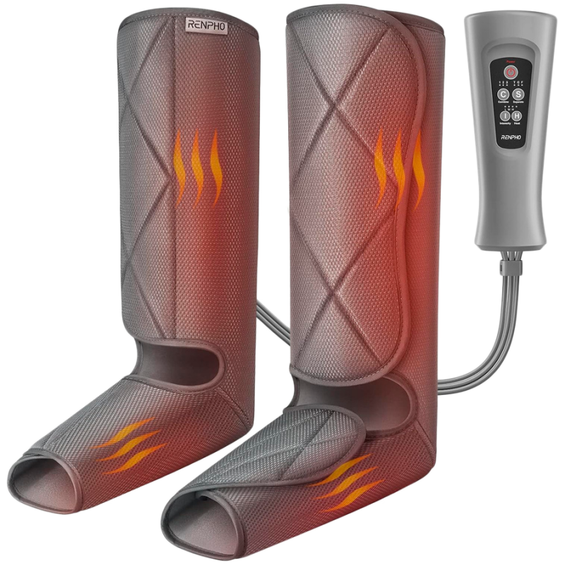 Компресионен масажор за крака RENPHO Foot & Calf Air Massager, 24W, Затопляне, 3 степени, Масажни режими, Памет, Топлинен индикатор, Защити, Сив