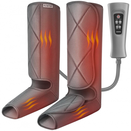 Компресионен масажор за крака RENPHO Foot & Calf Air Massager, 24W, Затопляне, 3 степени, Масажни режими, Памет, Топлинен индикатор, Защити, Сив