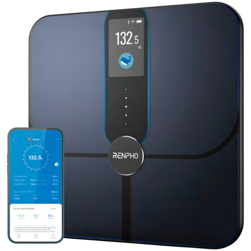 Смарт кантар RENPHO Smart WiFi, До 180 кг, 13 показателя, Разпознаване на потребител, Синхронизация с мобилни приложения, Биоимпедансен анализ, USB-C, Тъмносин