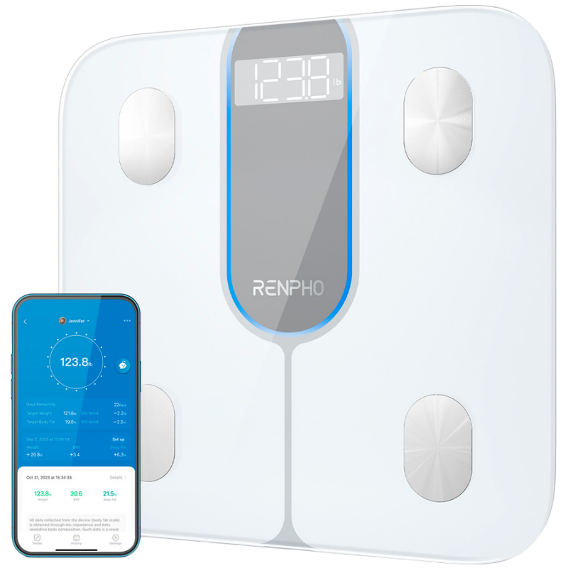 Смарт кантар RENPHO Elis 1C, До 200 кг, 13 показателя, LED дисплей, Мобилно приложение, Закалено стъкло, Бял