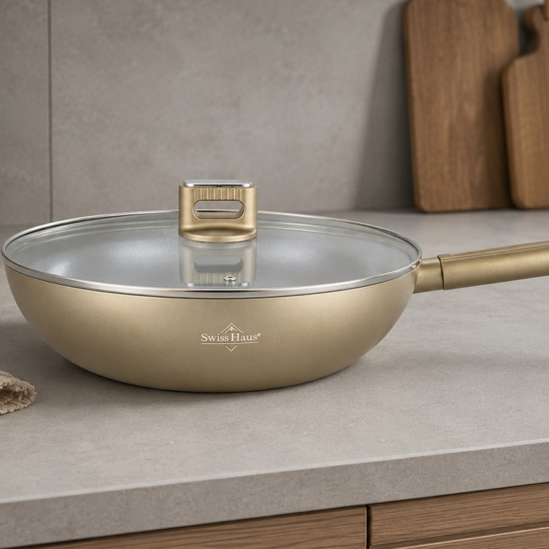 Уок тиган Swiss Haus Speiez Castle SH-SCW28CH, 4.2 л, 28 см, Sapphire-керамично покритие, Стъклен капак с дупка за пара, Индукция, Шампанско