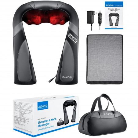 Преносим шиацу масажор RENPHO U-Neck Go, 24W, 8 глави, 2 посоки, 3 интензитета, Загряване до 45°C, PU кожа+дишаща материя, Черен