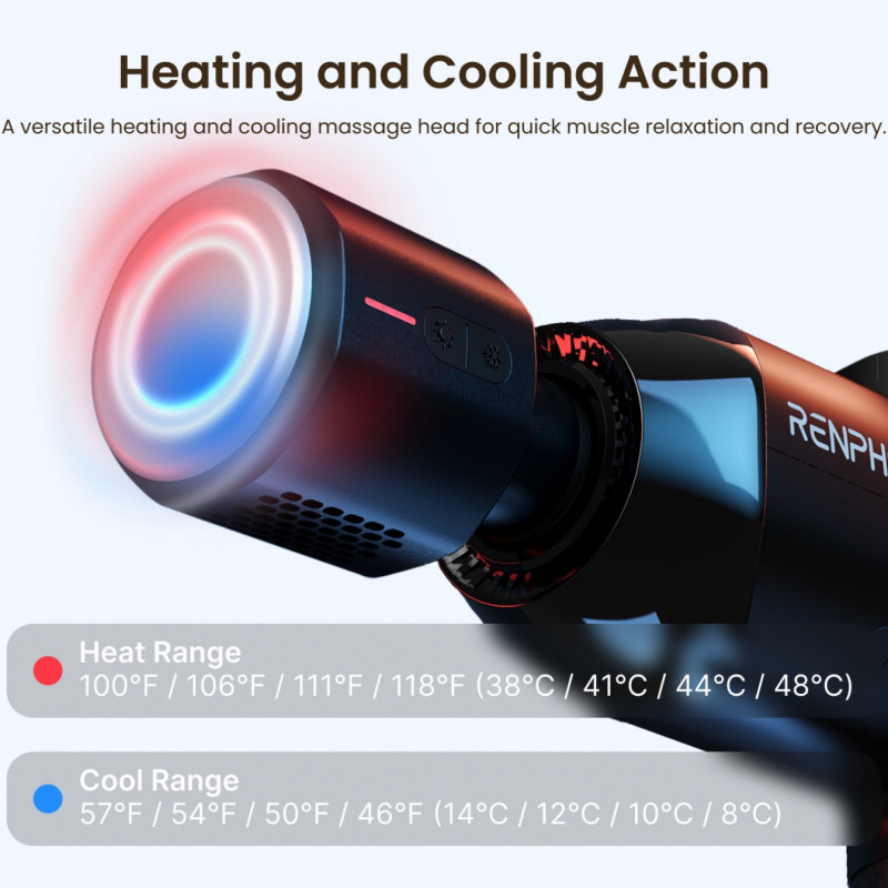Масажен пистолет RENPHO Power+, 15W, 150 мин, 6 скорости, 1850-2600 об/мин, 4 степени охлаждане/затопляне, Таймер, Тъч скрийн, Bluetooth, Черен