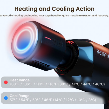 Масажен пистолет RENPHO Power+, 15W, 150 мин, 6 скорости, 1850-2600 об/мин, 4 степени охлаждане/затопляне, Таймер, Тъч скрийн, Bluetooth, Черен