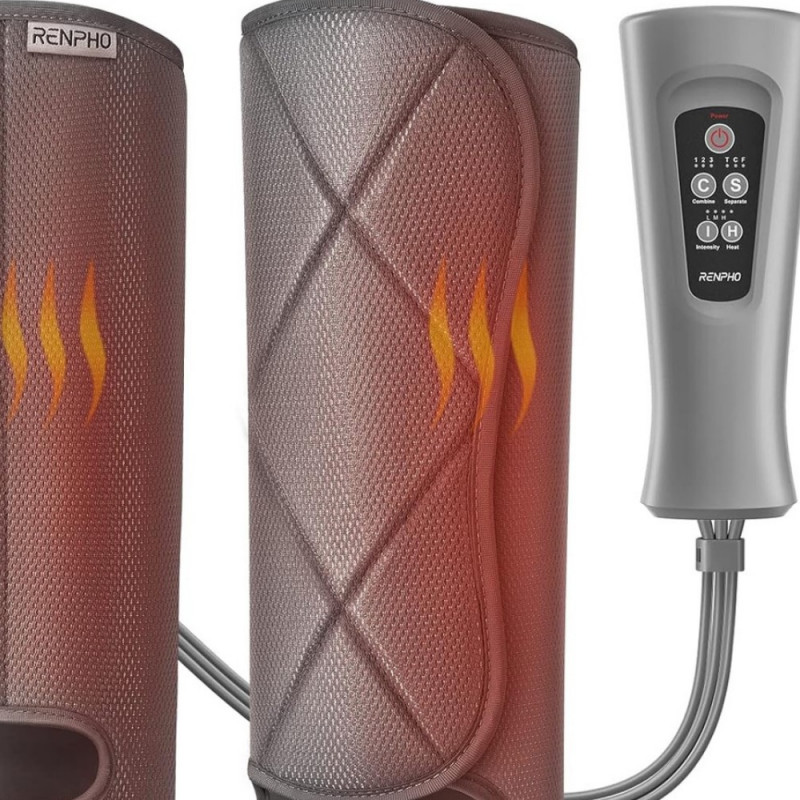 Компресионен масажор за крака RENPHO Foot & Calf Air Massager, 24W, Затопляне, 3 степени, Масажни режими, Памет, Топлинен индикатор, Защити, Сив