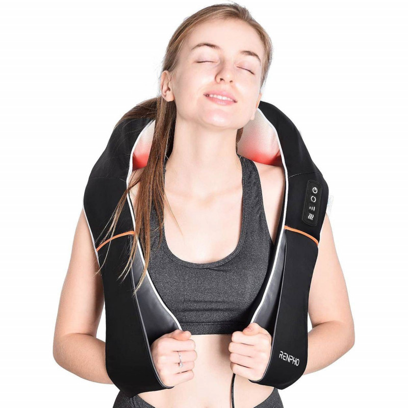 Шиацу масажор RENPHO U-Neck 1, 24W, 8 глави, 2 посоки, 3 интензитета, Загряване до 47°C, PU кожа+дишаща материя, Черен