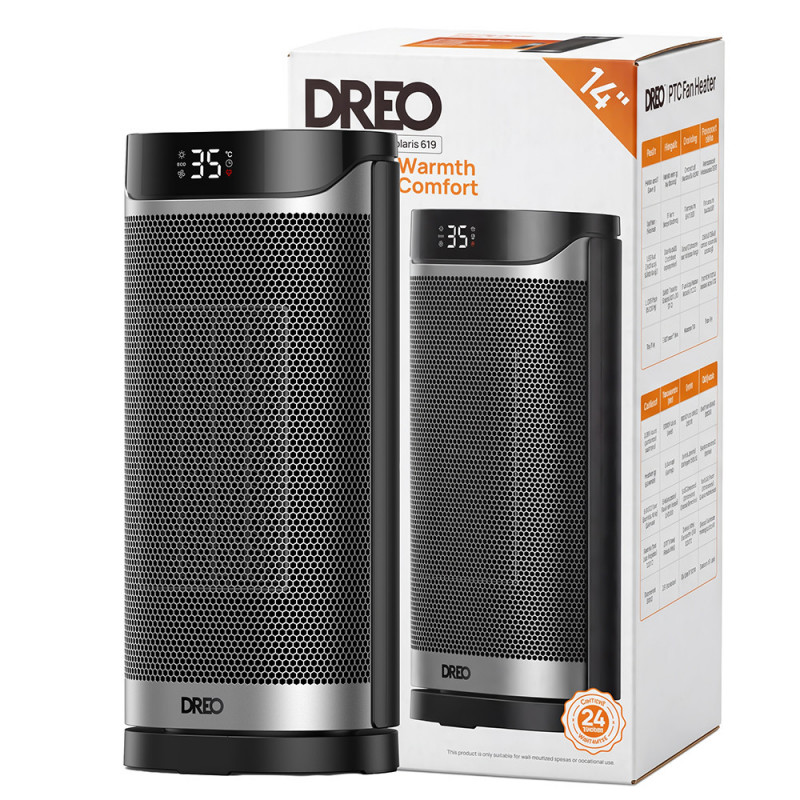 Вентилаторна печка DREO Solaris 619, 2000W, 20 м2, PTC, 5 режима, 8-степенна защита, Таймер, Дистанционно управление, 70° завъртане, 5-35°C, Черен/сив