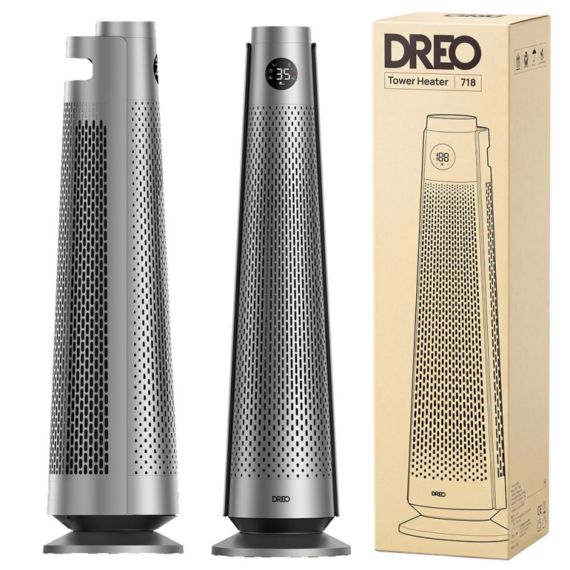 Вентилаторна печка - кула DREO Solaris 718, 2000W, 25 м2, PTC, 5-35°C, 9 режима, 120° осцилация, 8-степенна защита, Таймер, Дистанционно, Сензор за наклон, Сив/графит