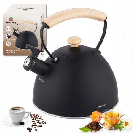 Свирещ чайник Kinghoff KH 1999, 2.5 л, Неръждаема стомана, Ненагряваща се дървена дръжка, Индукция, Черен мат