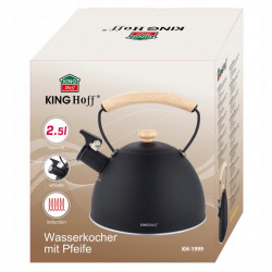 Свирещ чайник Kinghoff KH 1999, 2.5 л, Неръждаема стомана, Ненагряваща се дървена дръжка, Индукция, Черен мат