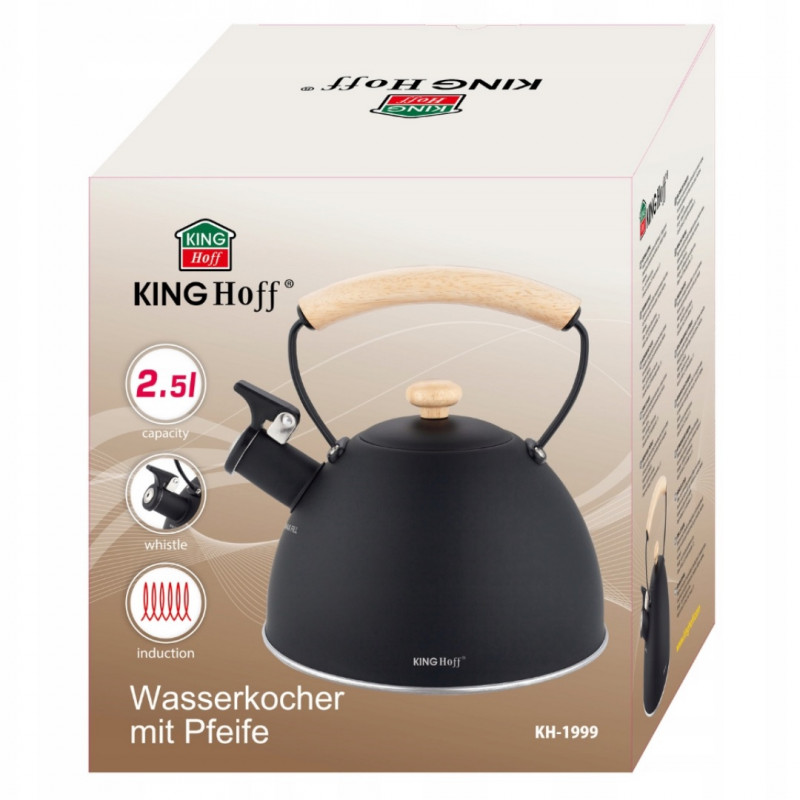 Свирещ чайник Kinghoff KH 1999, 2.5 л, Неръждаема стомана, Ненагряваща се дървена дръжка, Индукция, Черен мат