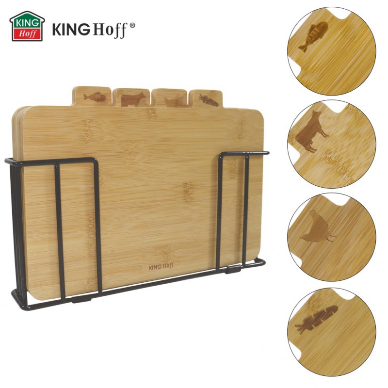 Комплект 4 бр дъски за рязане с поставка Kinghoff KH 2010, 28.5х20 см, Обозначени, Бамбук, Черен