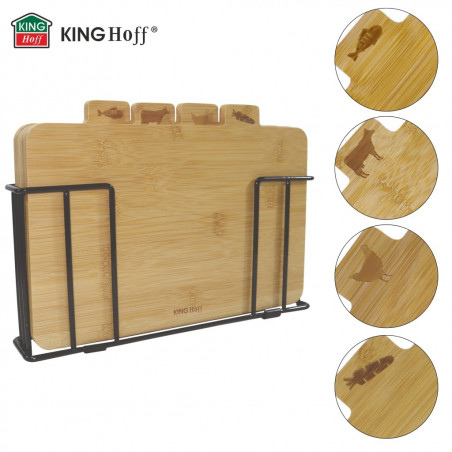 Комплект 4 бр дъски за рязане с поставка Kinghoff KH 2010, 28.5х20 см, Обозначени, Бамбук, Черен