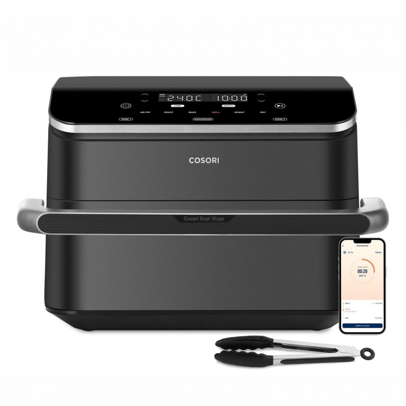 Двоен фритюрник с горещ въздух Cosori Dual Blaze TwinFry CAF-TF102S-AEUR, 10 л, 6 програми, 35-240 C, Таймер, ThermoIQ, Синхронизирано готвене и приключване, Черен/Сребрист