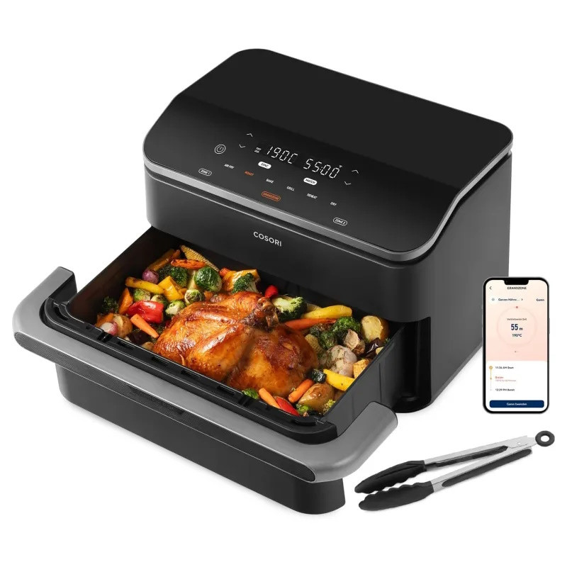 Двоен фритюрник с горещ въздух Cosori Dual Blaze TwinFry CAF-TF102S-AEUR, 10 л, 6 програми, 35-240 C, Таймер, ThermoIQ, Синхронизирано готвене и приключване, Черен/Сребрист