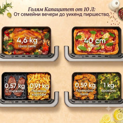 Двоен фритюрник с горещ въздух Cosori Dual Blaze TwinFry CAF-TF102S-AEUR, 10 л, 6 програми, 35-240 C, Таймер, ThermoIQ, Синхронизирано готвене и приключване, Черен/Сребрист